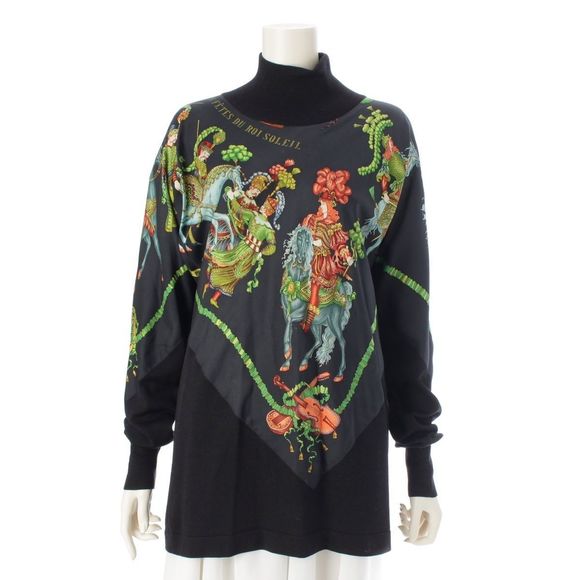Hermes Silk LES Fetes DU ROI Soleil Vintage High Neck Switch Knit Top Black 36 - Picture 1 of 10
